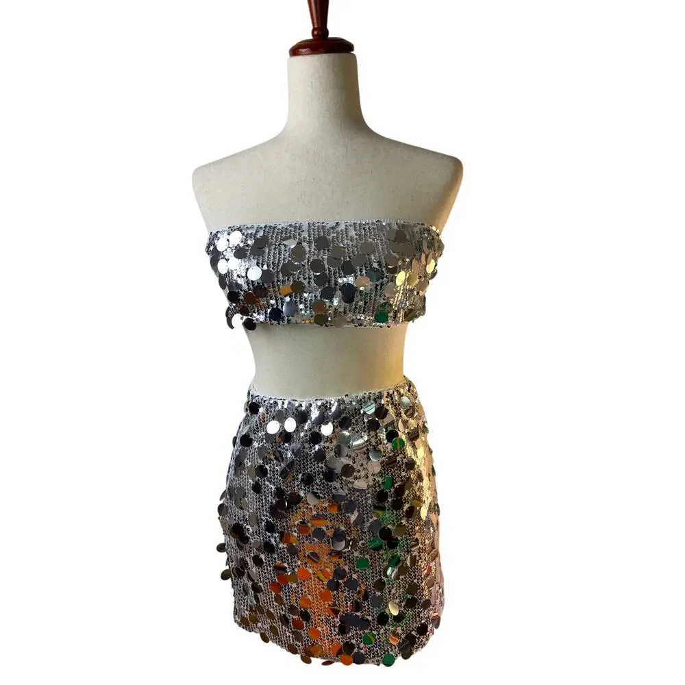 SHEIN 2 piece, Aveloria Rosie‎ sexy silver mini skirt and top